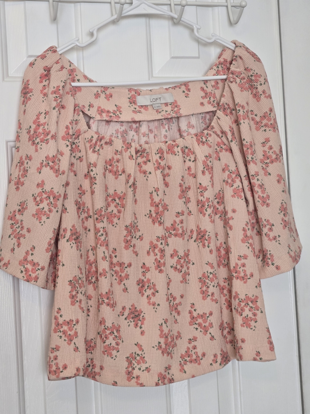 LOFT Pink Floral Square Neck Peasant Flowy Sleeve Blouse Size L